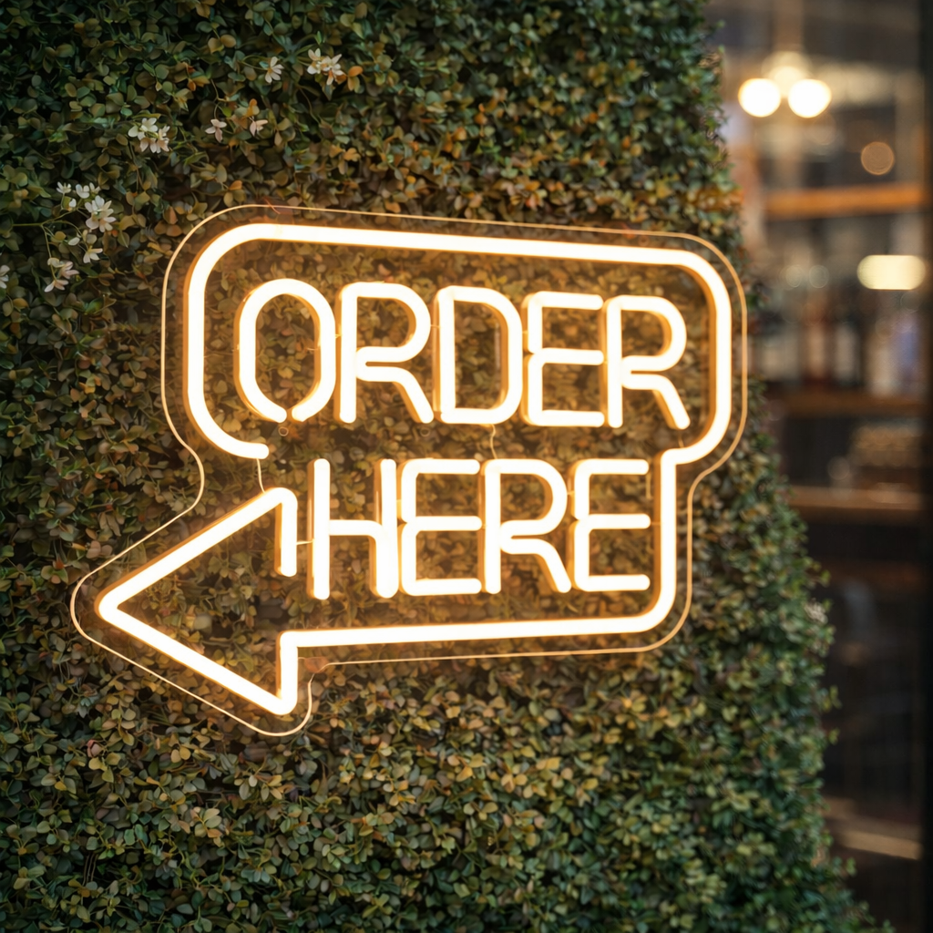 Order Here LED Neon Sign with Arrow for Shop Cafe Restaurant Wall Decor Light
