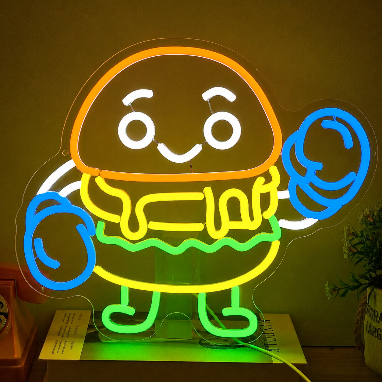 Cute Boxing Burger LED Neon Sign Cartoon Hamburger Neon Light Wall Decor for Bedroom Game Room Restaurant