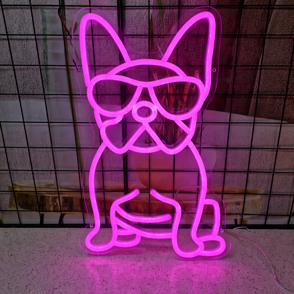 Cute French Bulldog LED Neon Sign with Sunglasses for Bedroom, Bar & Fun Room Decor