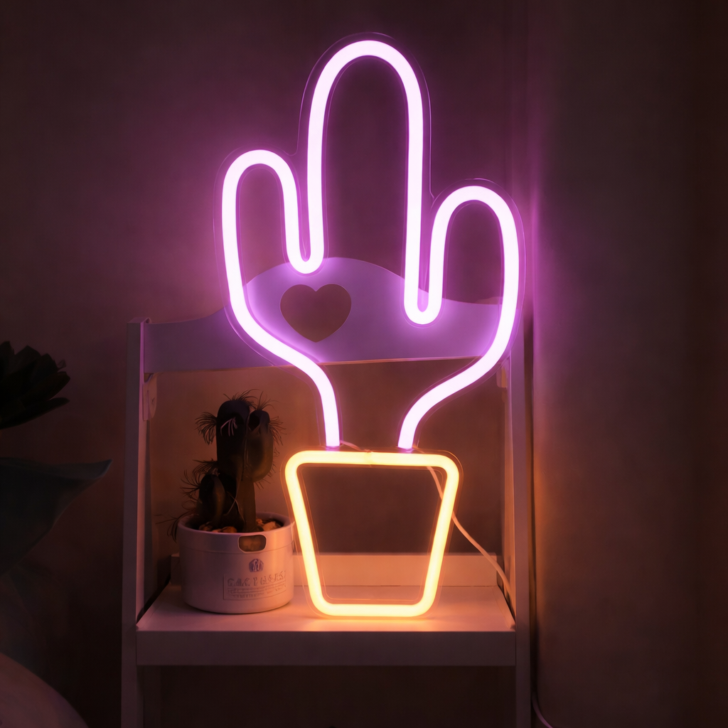 Heart Cactus LED Neon Sign for Bedroom Aesthetic Wall Decor Light