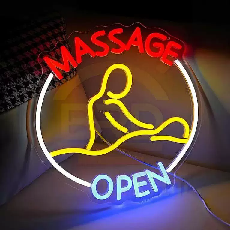 Massage Open LED Neon Sign with Therapist Design for Spa Salon Shop Decor