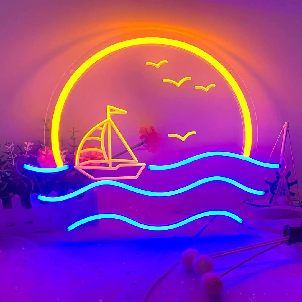 Sailboat Sunset LED Neon Sign Yellow Blue Ocean Neon Light Wall Decor for Bedroom Bar Cafe