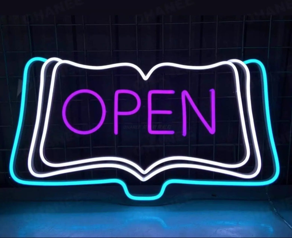 OPEN Book LED Neon Sign Pink White Blue Wall Decor for Shop Cafe Library Office