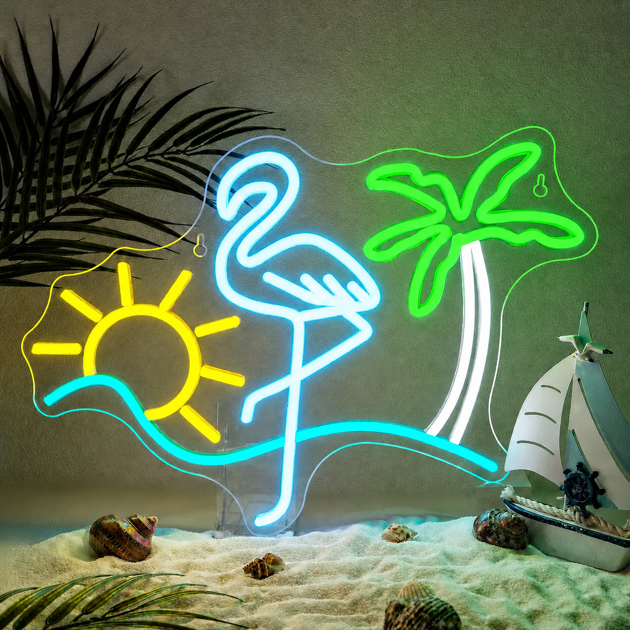 Tropical Flamingo Sunset LED Neon Sign Palm Tree Beach Neon Light Wall Decor for Bedroom Bar Party