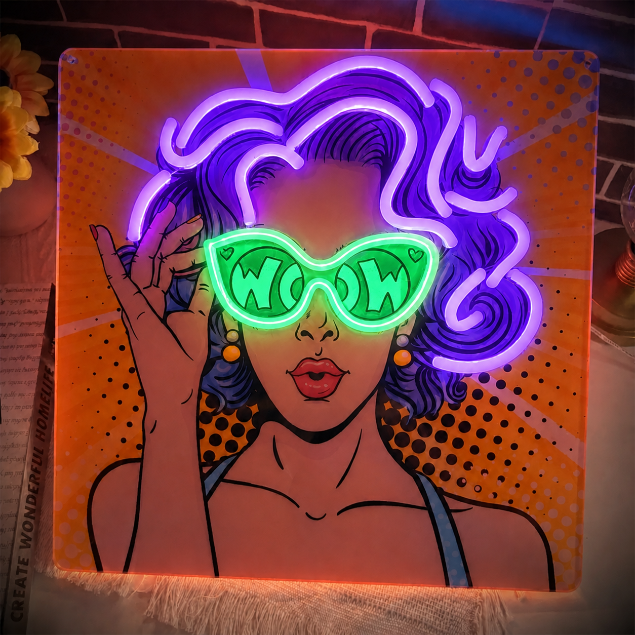 Pop Art Girl WOW LED Neon Sign with Sunglasses Retro Comic Neon Light Wall Decor