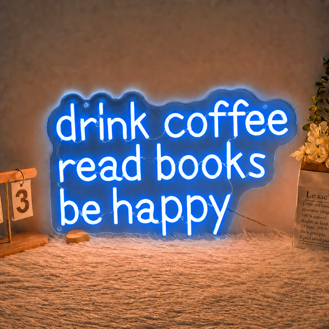 Drink Coffee Read Books Be Happy LED Neon Sign Warm White Wall Light for Bedroom Reading Room Cafe Decor
