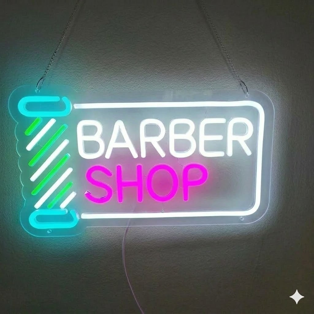 Barber Shop Neon Sign with Barber Pole LED Light for Shop Wall or Window