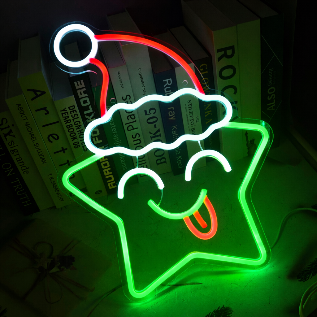 LED Christmas Star Neon Sign with Santa Hat