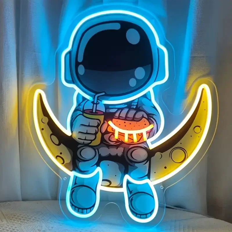 Astronaut LED Neon Sign Sitting on Moon with Burger & Drink Neon Light Wall Decor for Kids Room, Space Lovers, and Cafes