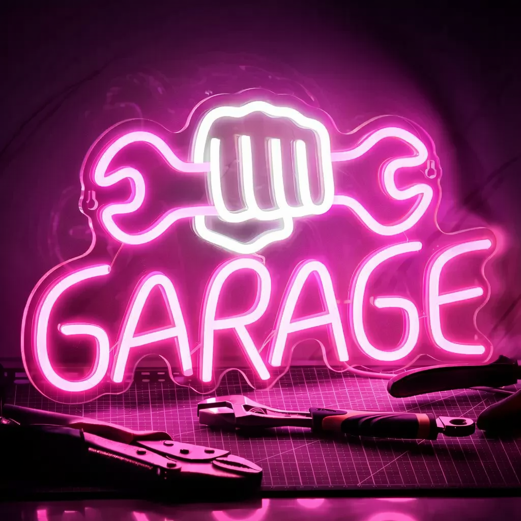 Garage Neon Sign with Fist and Wrench LED Light for Auto Repair Workshop Decor