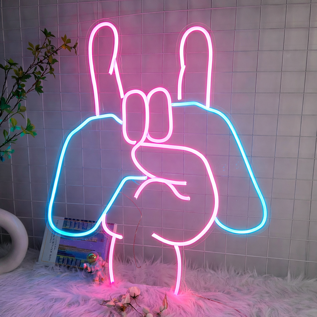 Rock Hand Gesture LED Neon Sign for Gaming Room & Modern Wall Decor