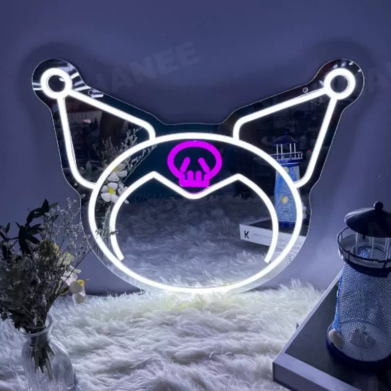 Cartoon Skull Bunny LED Neon Mirror Sign for Bedroom Gaming Room Wall Decor