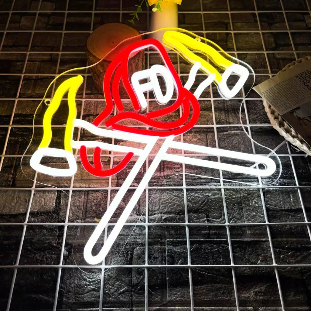 Firefighter Helmet & Crossed Axes LED Neon Sign for Firehouse Decor