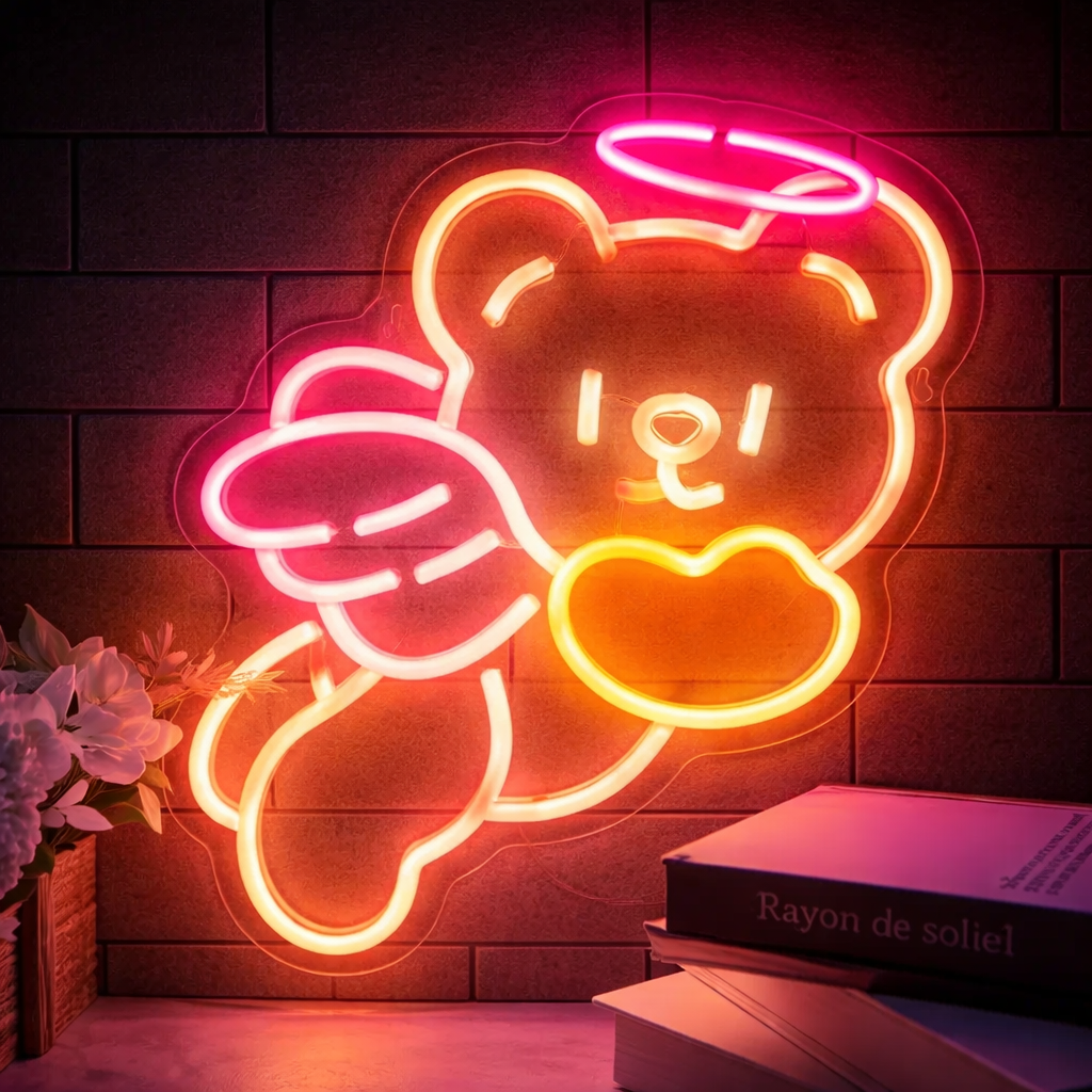 Cute Angel Bear LED Neon Sign for Bedroom Aesthetic Room Wall Decor Light