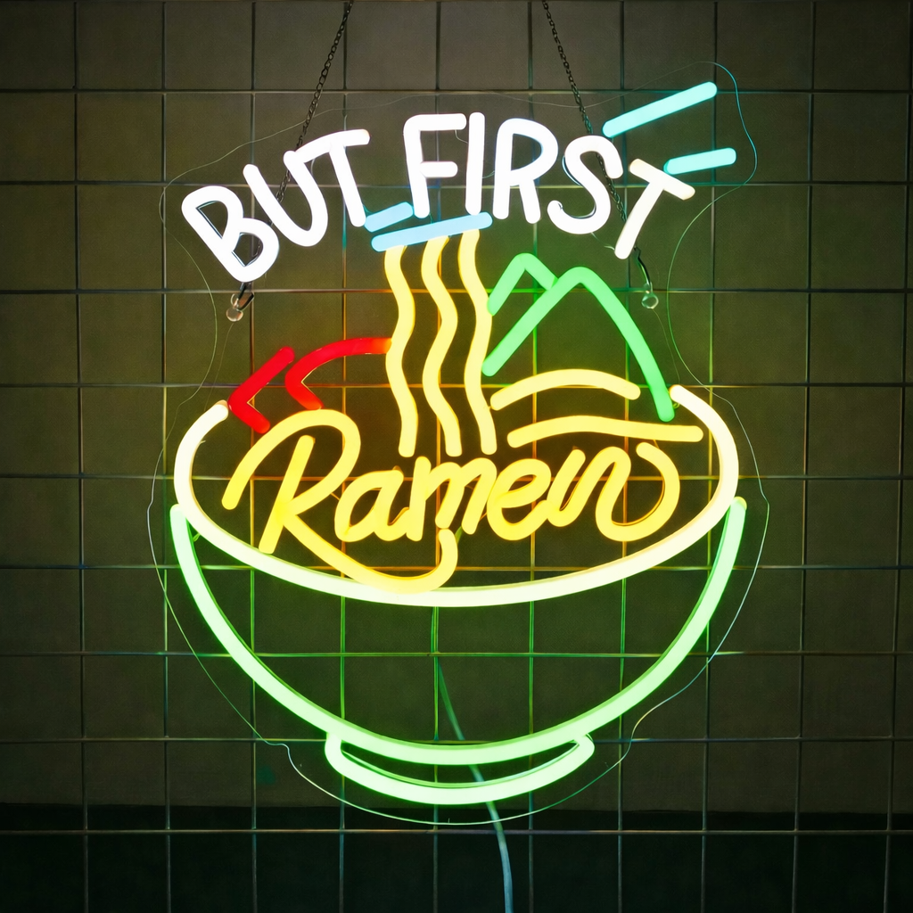“But First Ramen” LED Neon Sign Funny Noodle Neon Light for Kitchen Café Restaurant Wall Decor