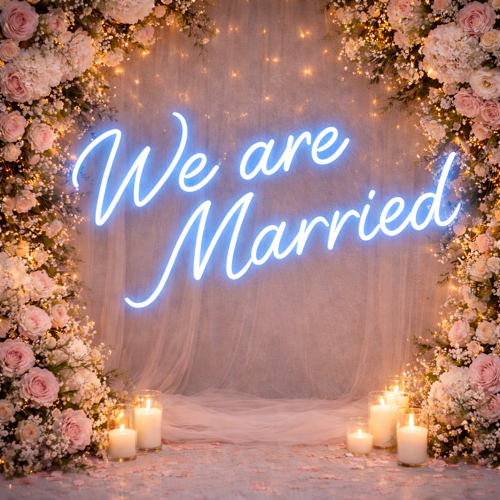 We Are Married Warm White LED Neon Sign Romantic Wedding Backdrop Light for Reception Decor