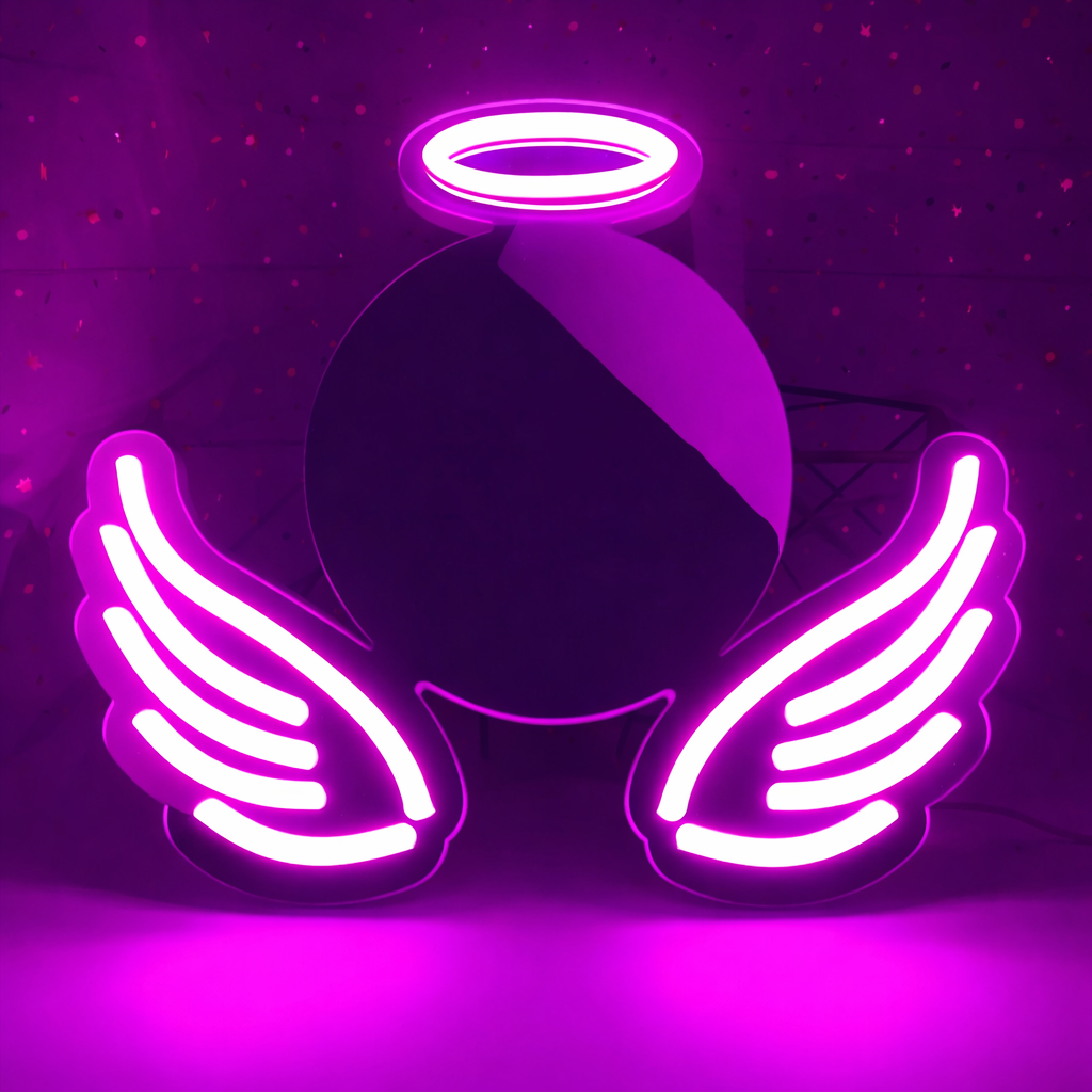 Angel Wings LED Neon Mirror Sign for Bedroom Aesthetic Wall Decor