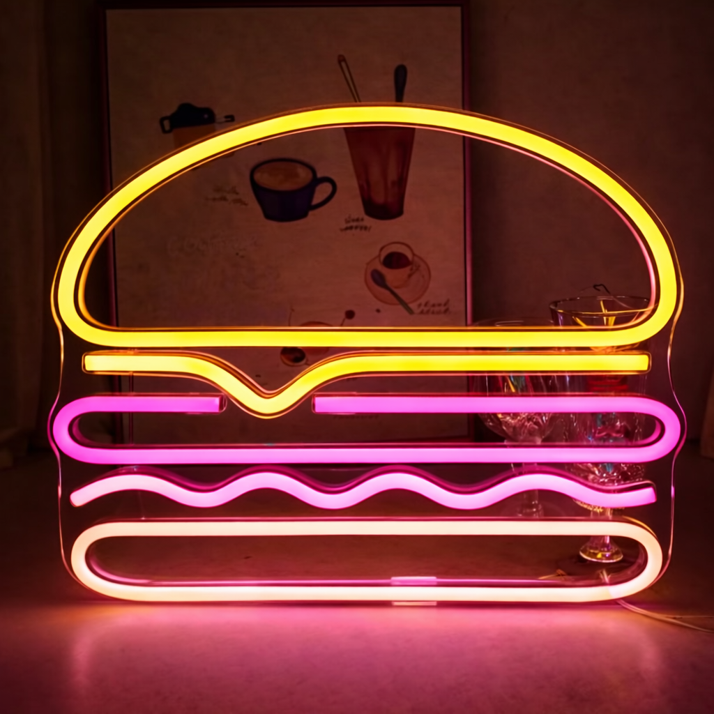 Hamburger LED Neon Sign Fast Food Burger Neon Light for Kitchen Bar Restaurant Decor