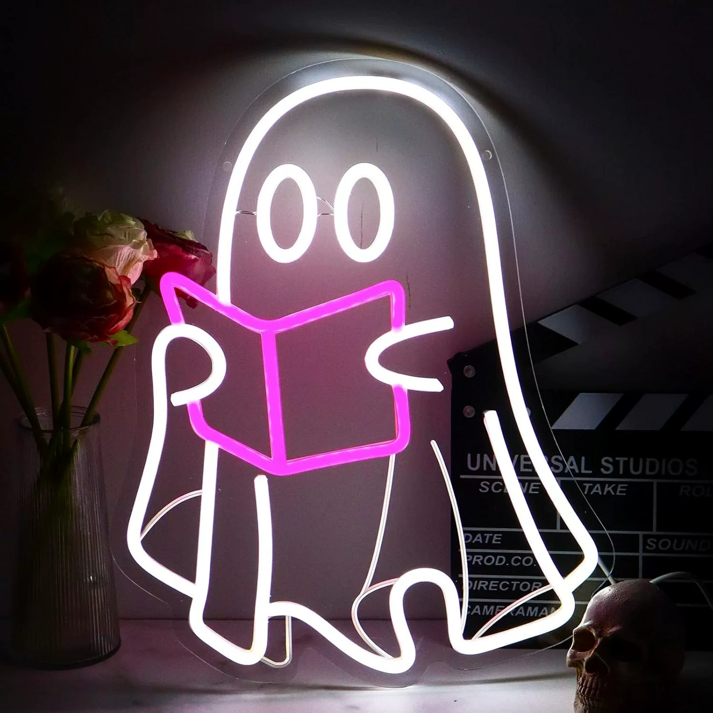 Cute Reading Ghost LED Neon Sign Halloween Ghost Neon Light Wall Decor for Bedroom Study Room