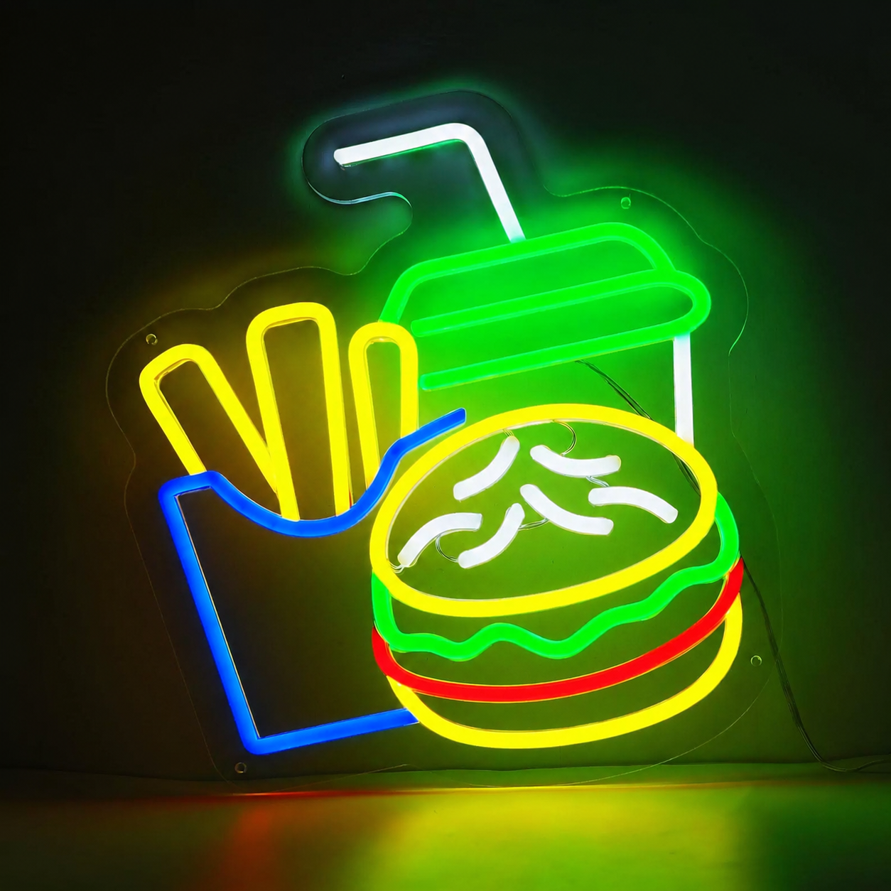 Burger Fries Drink LED Neon Sign Fast Food Neon Light Wall Decor for Restaurant Cafe Kitchen Bar