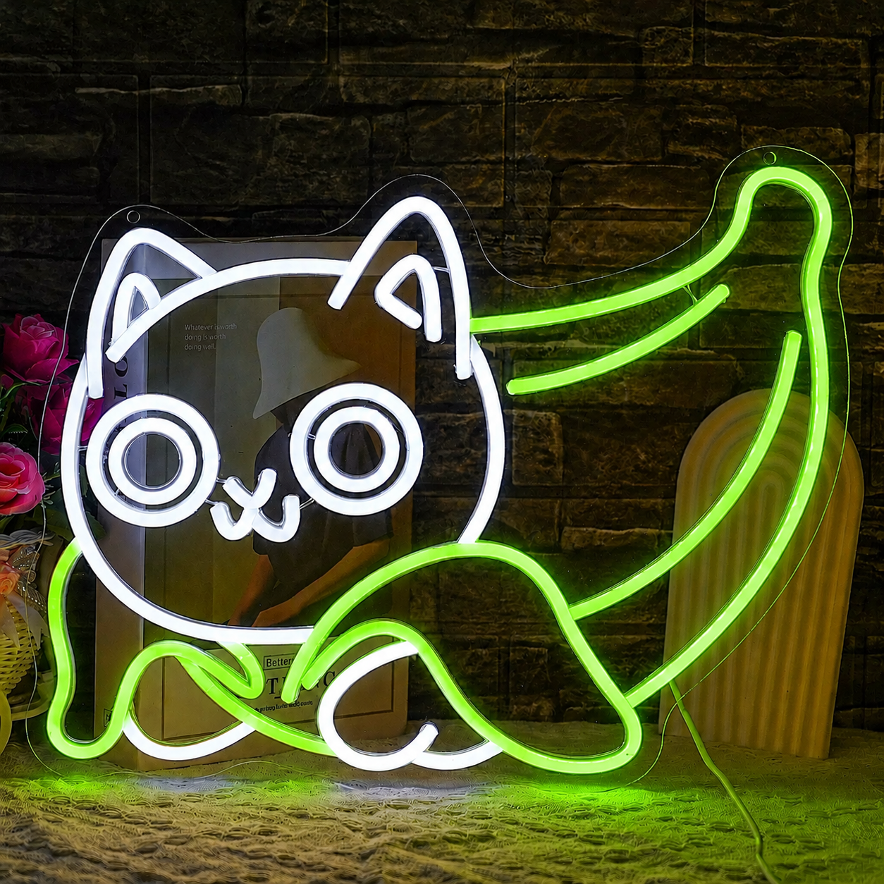 Banana Cat LED Neon Sign Yellow White Cute Cat Neon Light Wall Decor for Bedroom Kids Room