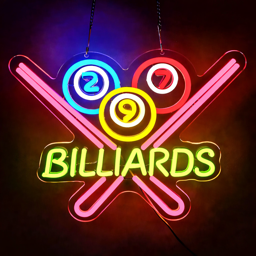 Classic Billiards LED Neon Sign with Crossed Pool Cues and 2-7-9 Balls for Bar Decor