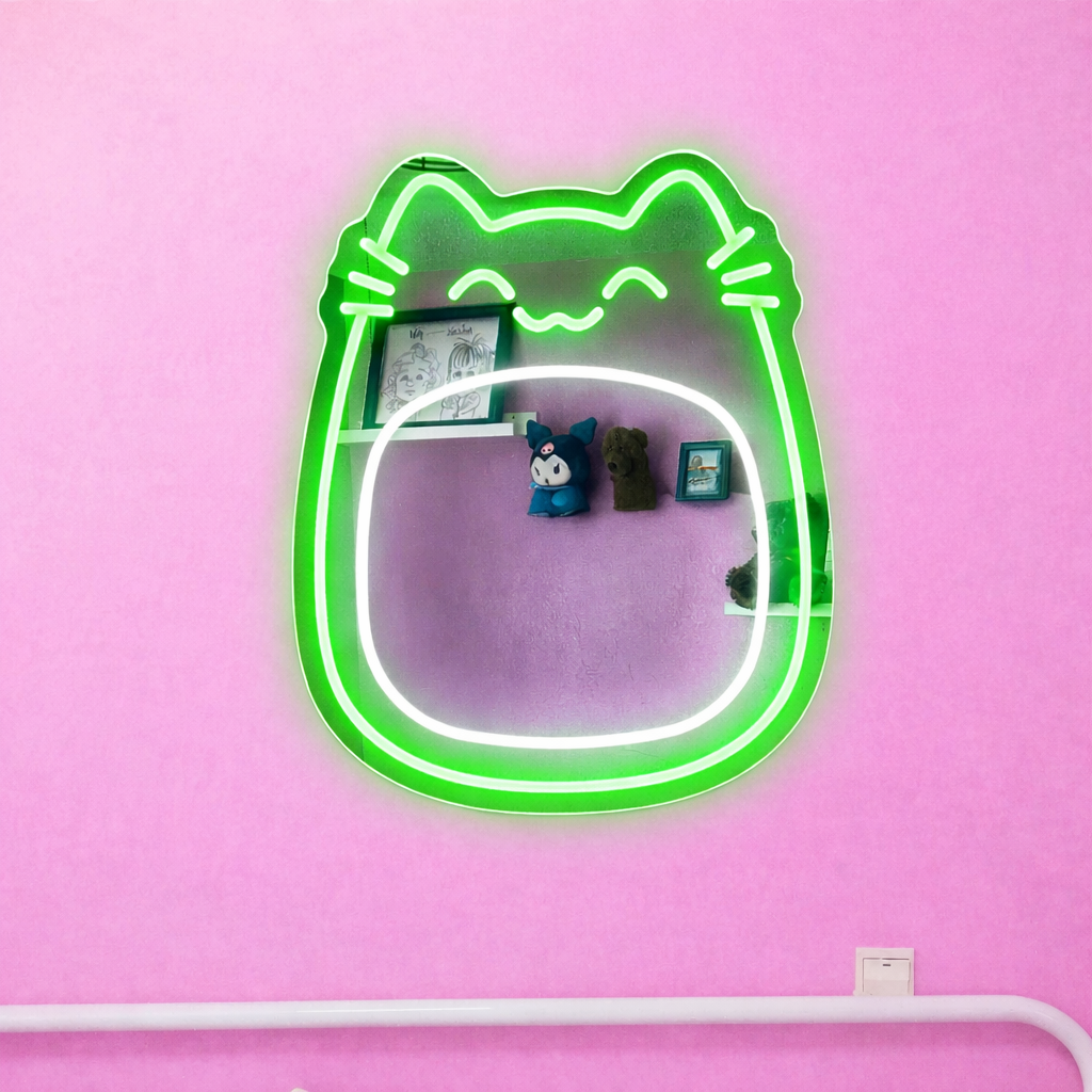 Cute Cat LED Neon Mirror Sign for Kids Bedroom Playroom Wall Decor