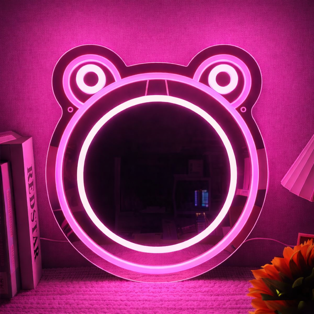 Cute Frog LED Neon Mirror Sign for Kids Room, Bedroom & Playful Wall Decor