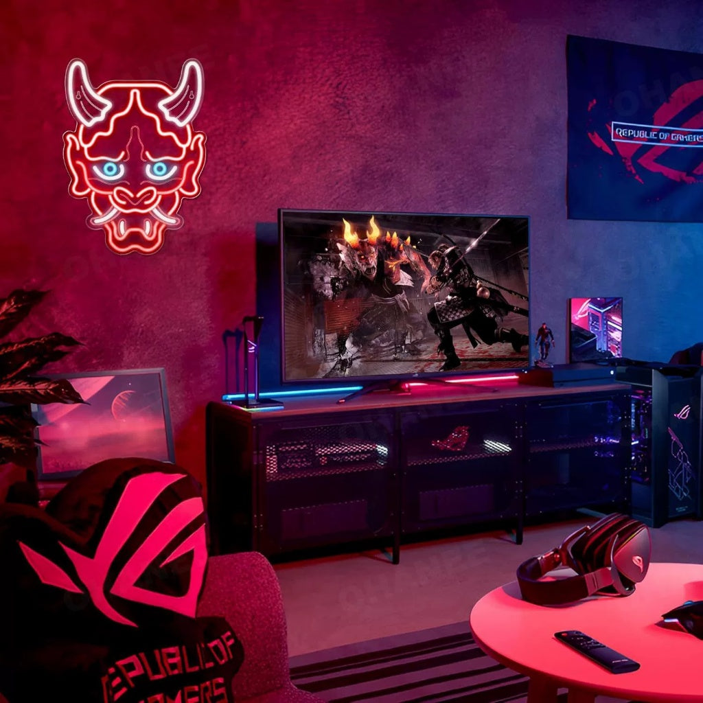 Demon Mask LED Neon Sign Red White Gaming Neon Light Wall Decor for Game Room Bedroom