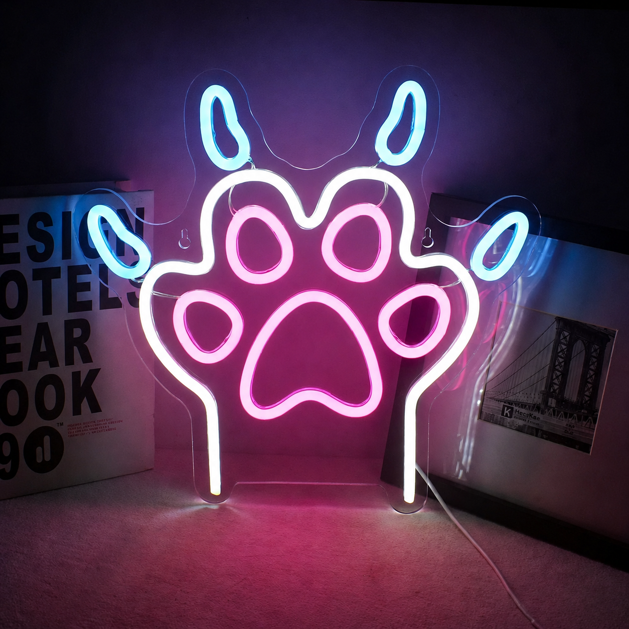 Paw Print LED Neon Sign Pink Blue Pet Neon Light Wall Decor for Bedroom Pet Room