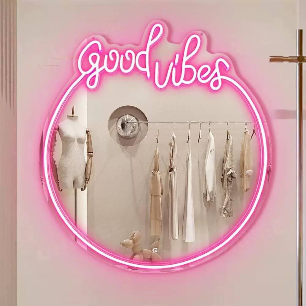 Good Vibes LED Neon Mirror Sign for Bedroom & Boutique Spaces