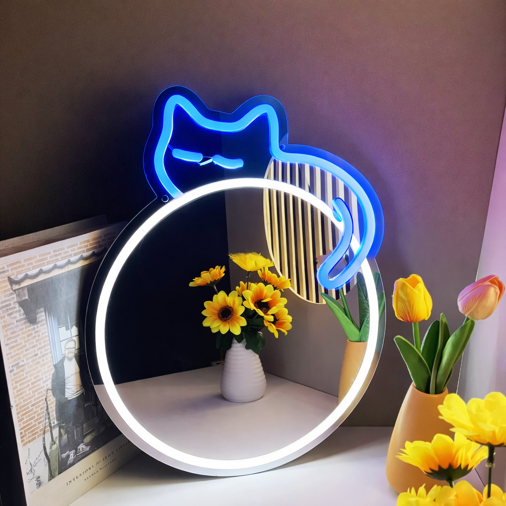 Cute Sleeping Cat LED Neon Mirror Sign for Bedroom Vanity Wall Decor