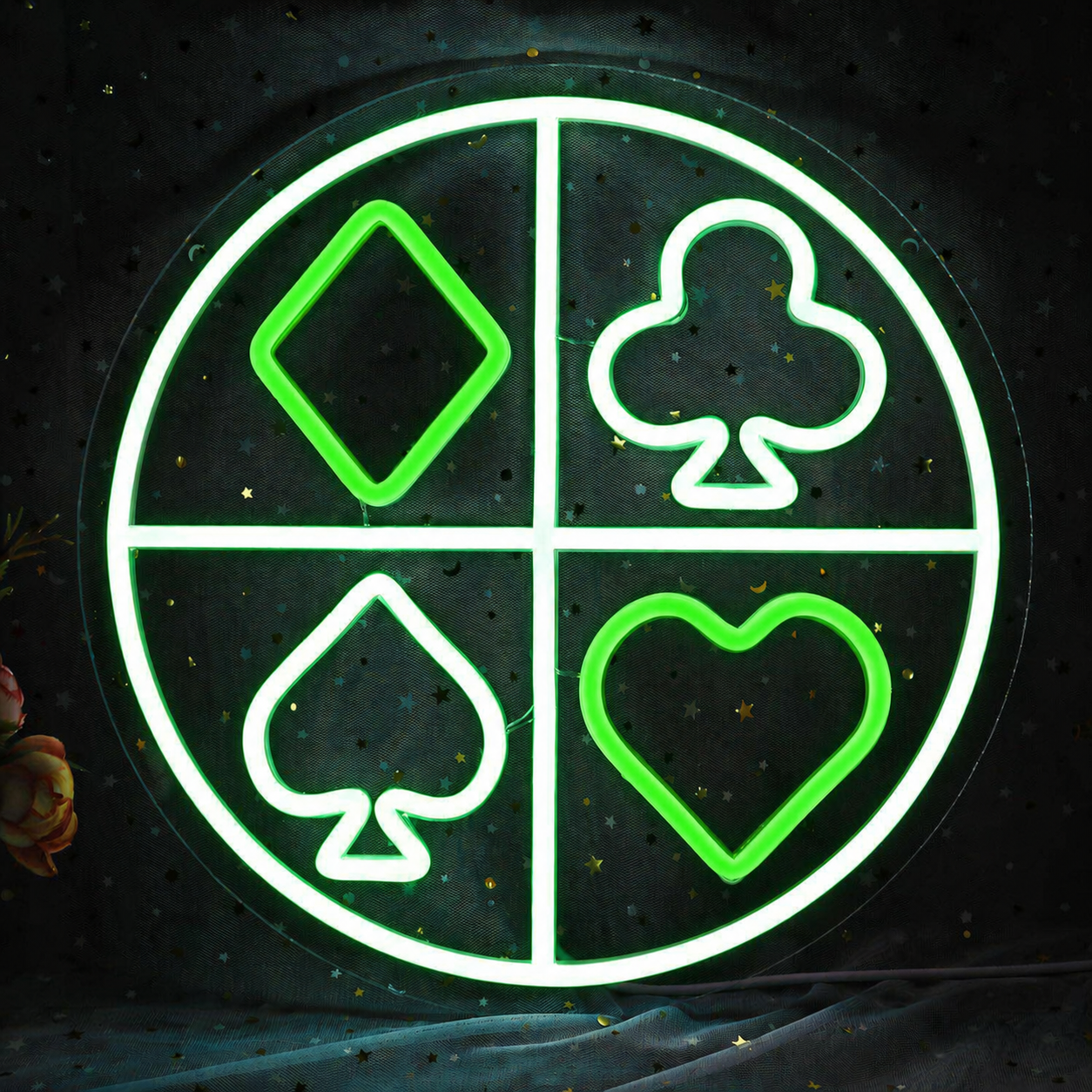 Poker Suits LED Neon Sign Round Playing Cards Wall Light for Game Room Bar Decor