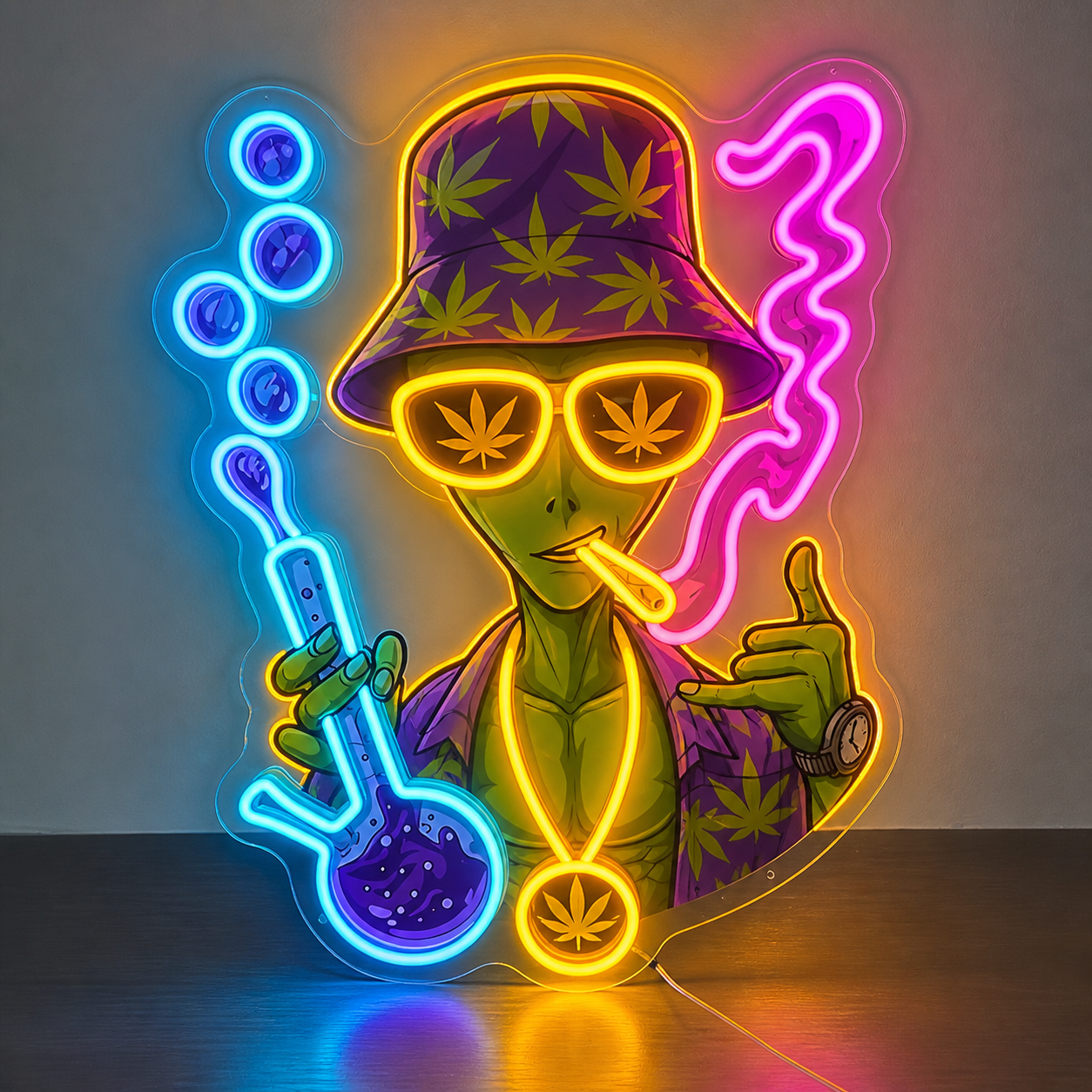 Alien LED Neon Sign with Hat and Pipe Funky Space Alien Wall Decor for Bedrooms Game Rooms and Cafes