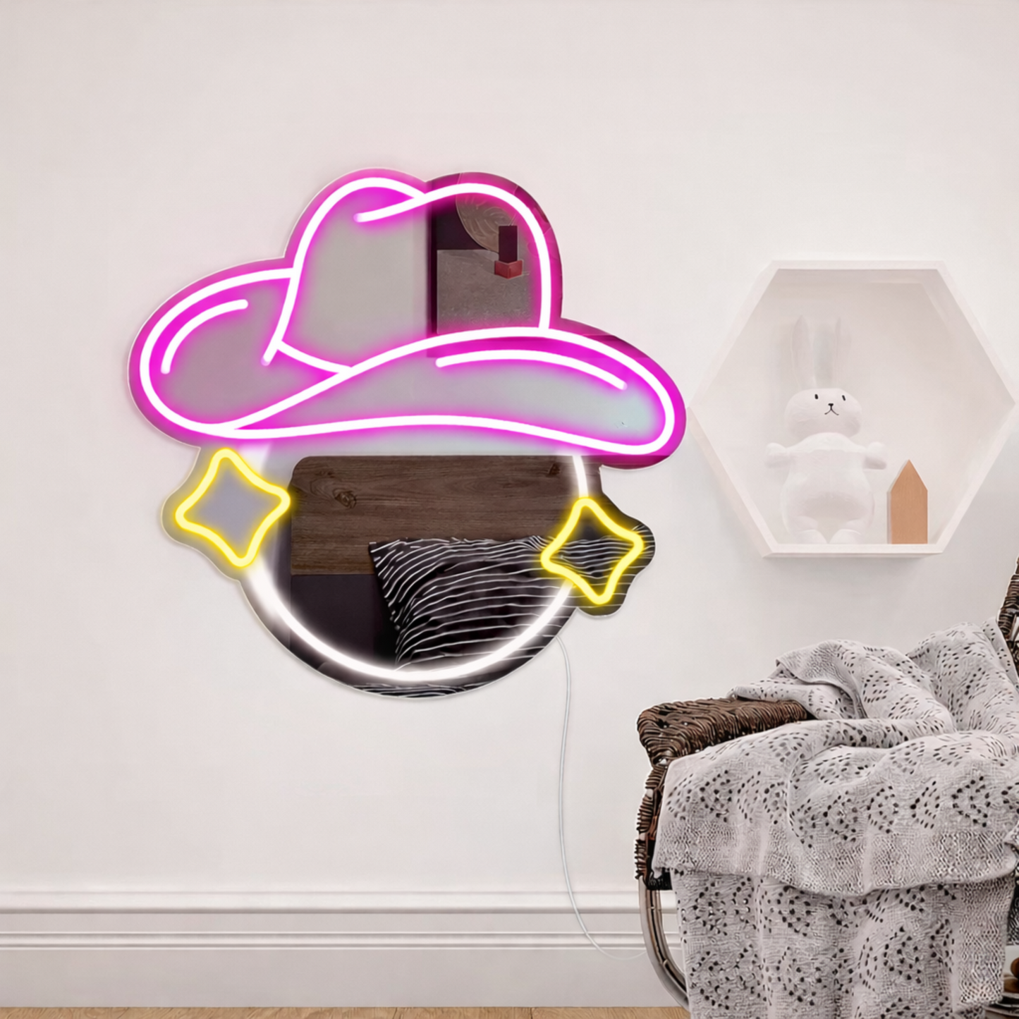 Cowgirl Hat LED Neon Mirror Sign for Bedroom, Western Room Decor & Aesthetic Spaces