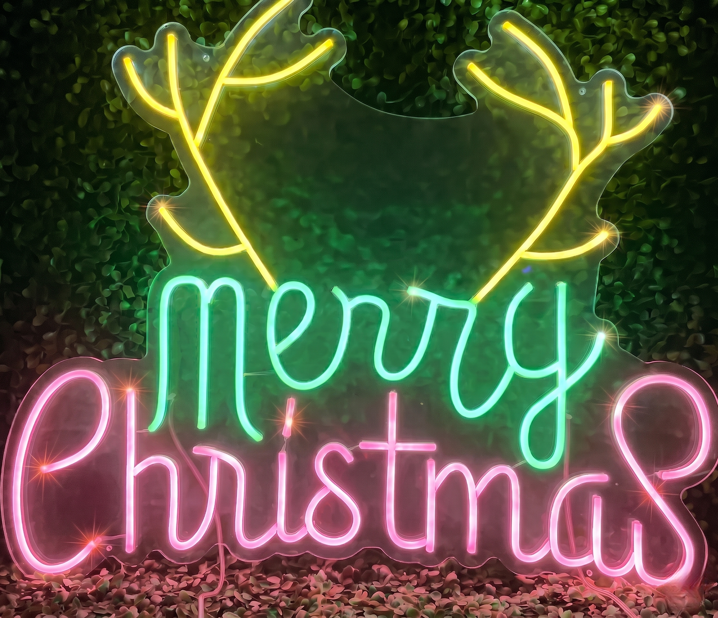 Merry Christmas LED Neon Sign with Reindeer Antlers Holiday Wall Decor Light