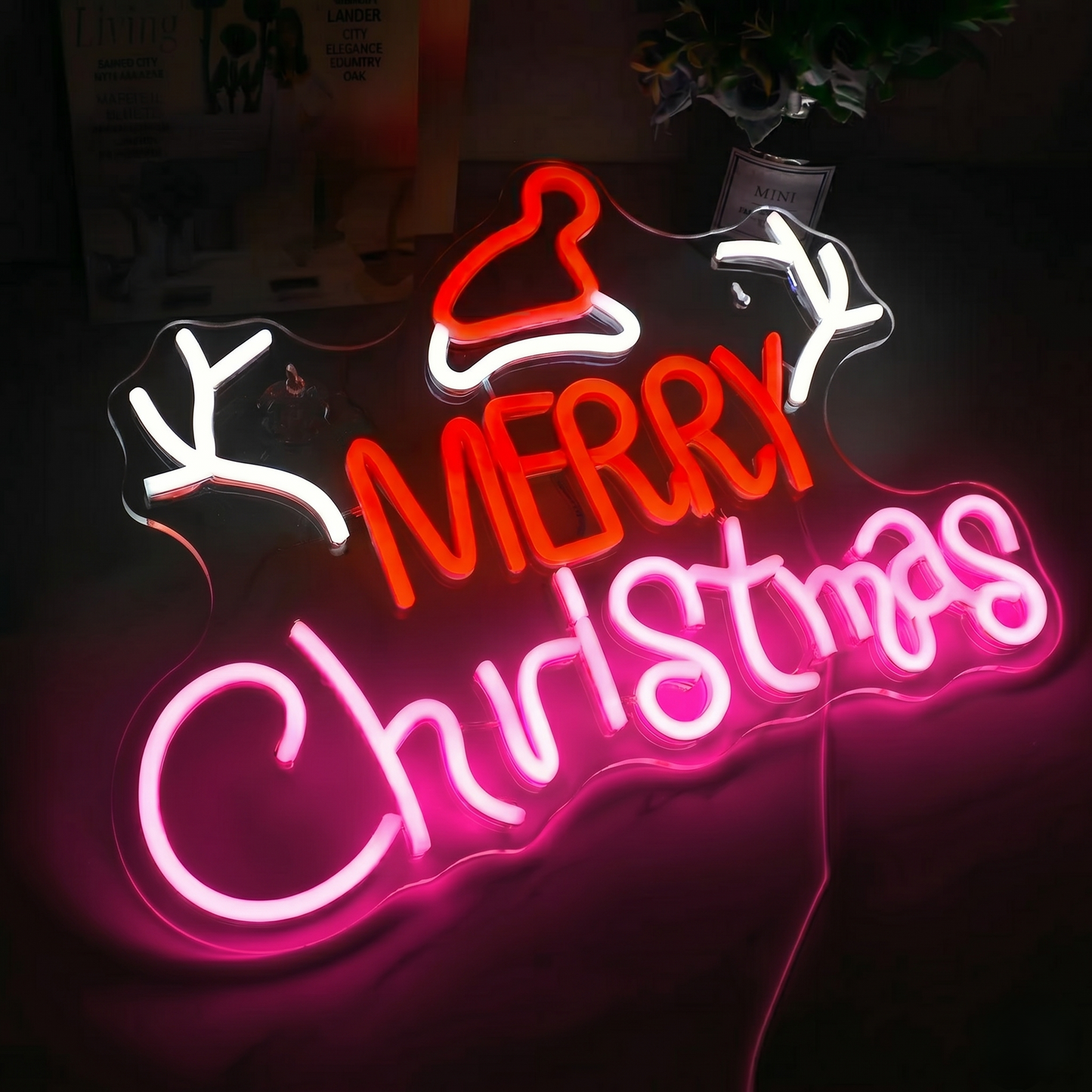 Merry Christmas LED Neon Sign with Santa Hat & Reindeer Antlers, Red & Pink Holiday Wall Decor Light for Christmas Party, Storefront, Home Room Seasonal Decoration