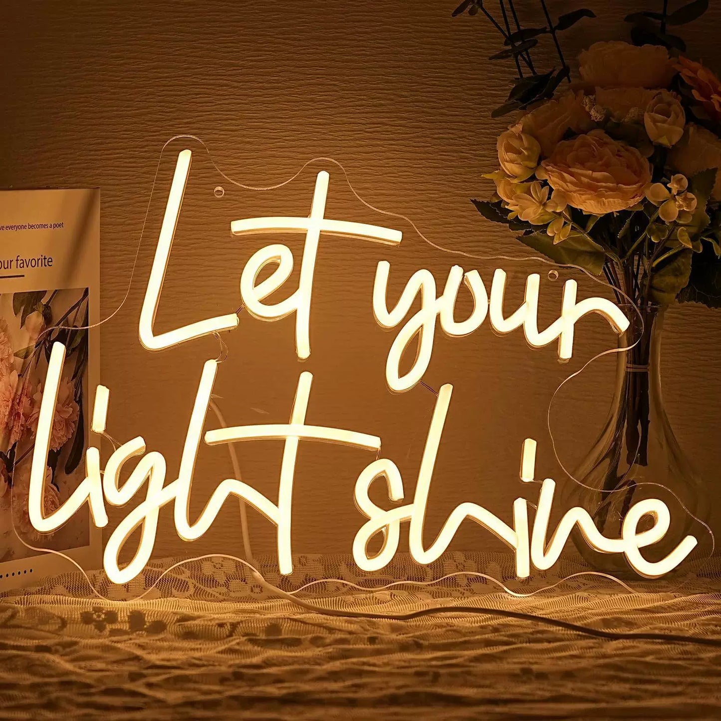 Let Your Light Shine LED Neon Sign Warm White Inspirational Neon Light Wall Decor for Bedroom Office