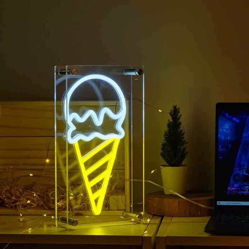 Ice Cream LED Neon Sign Yellow White Neon Light Wall Decor for Kids Room Cafe Dessert Shop