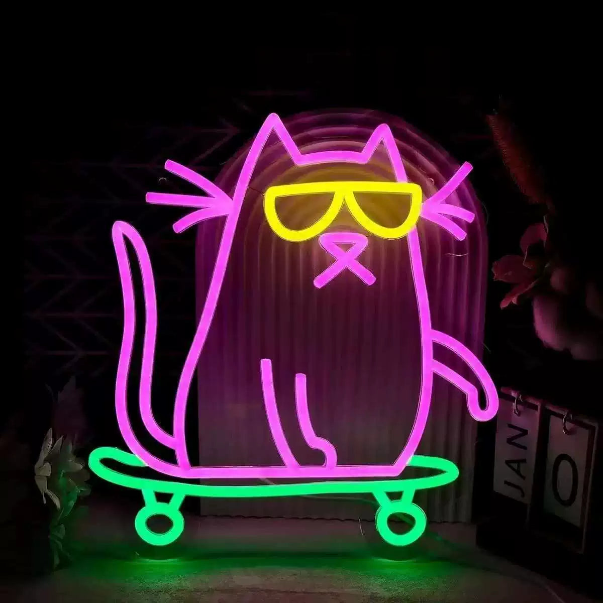 Cool Cat on Skateboard Neon Sign LED Wall Decor for Kids Room or Game Room