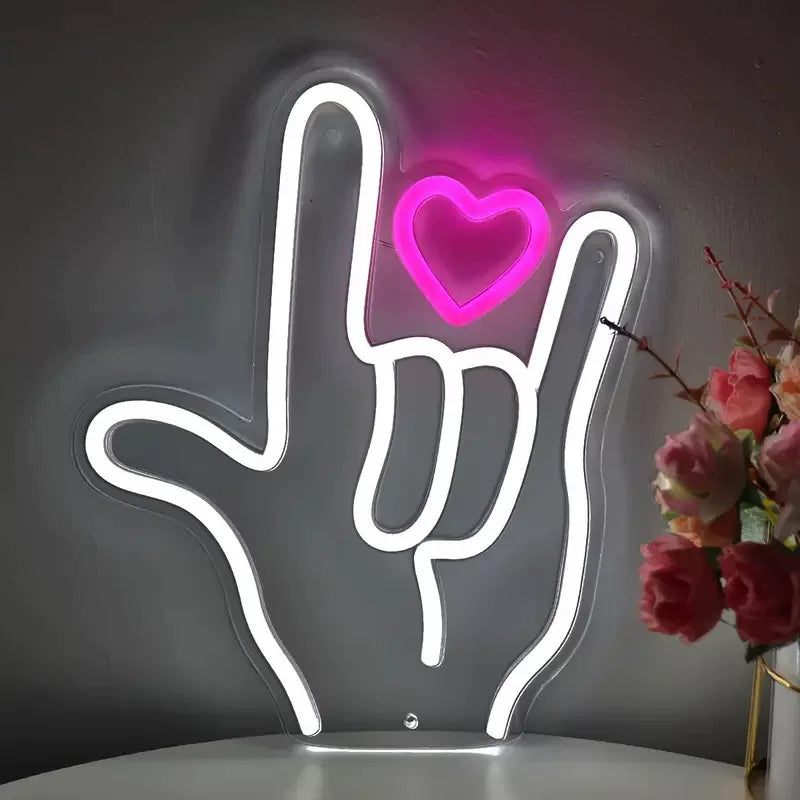 Love Hand Gesture LED Neon Sign for Bedroom Romantic Wall Decor Light