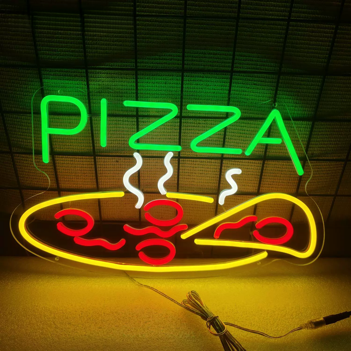 Pizza LED Neon Sign Green Yellow Food Neon Light Wall Decor for Restaurant Cafe Kitchen