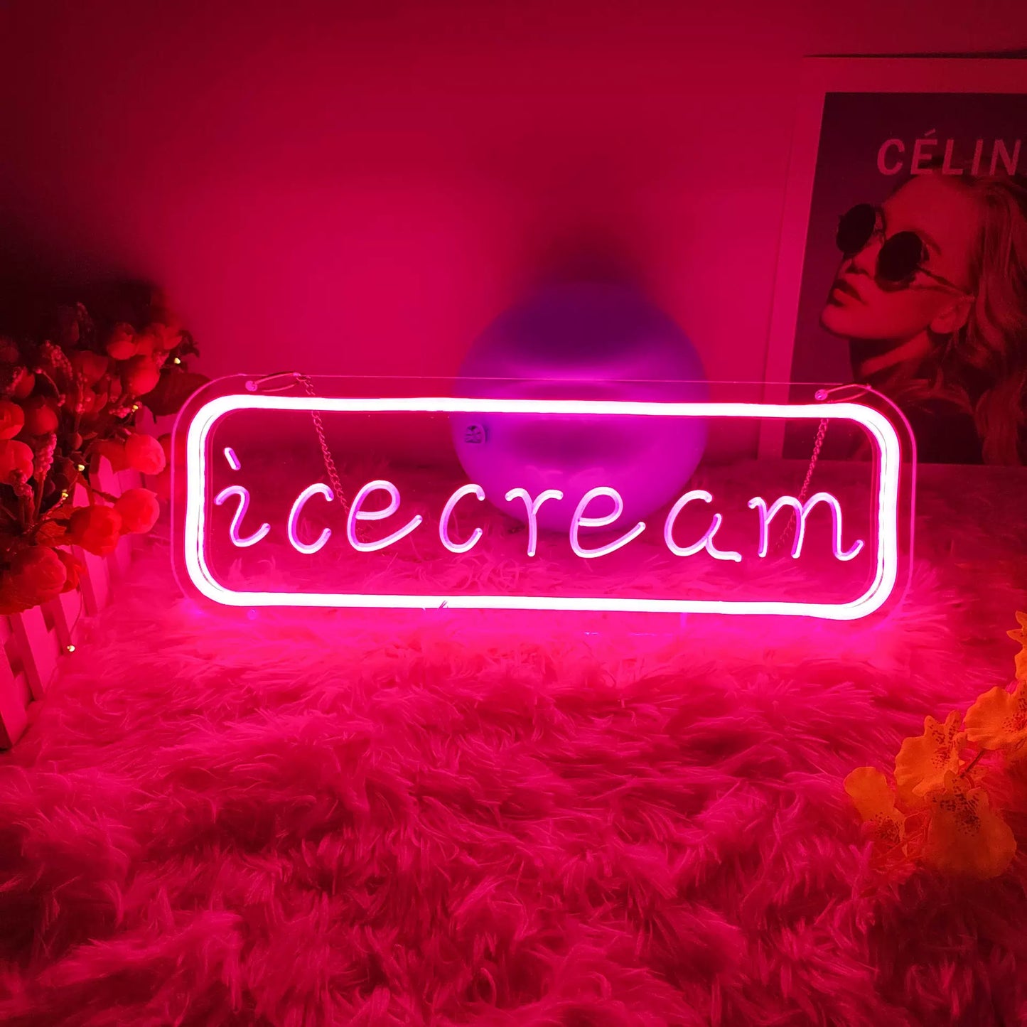 Ice Cream LED Neon Sign Pink Rectangle Hanging Neon Light for Cafe Dessert Shop Wall Decor