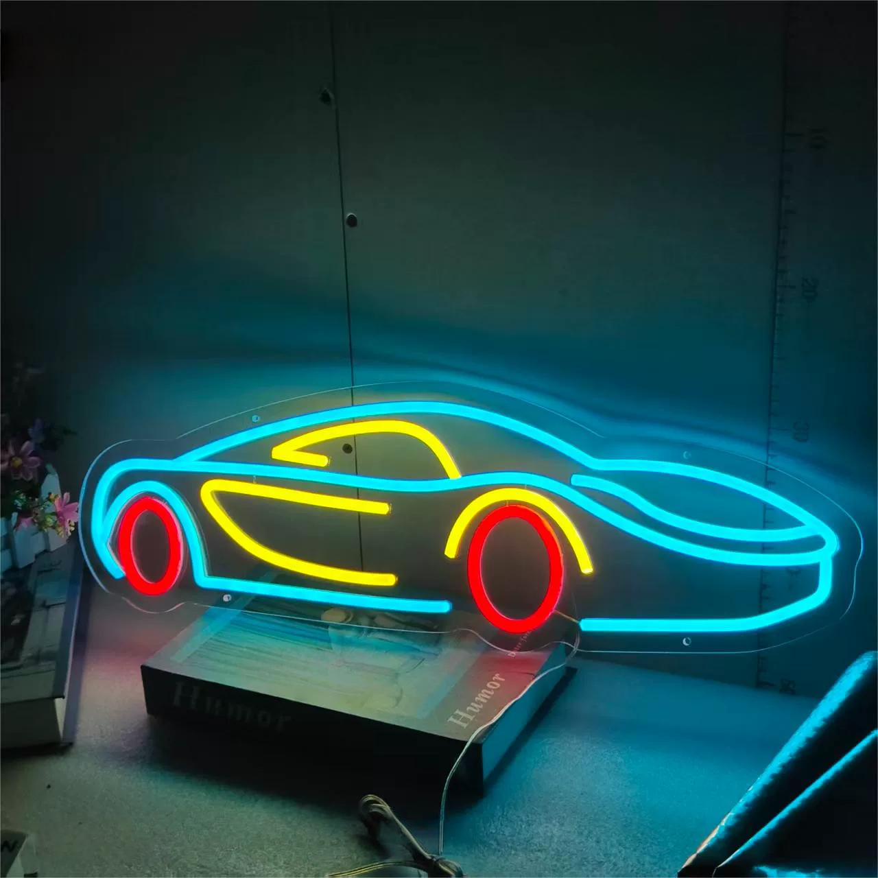 Sports Car LED Neon Sign Blue Yellow Race Car Neon Light Wall Decor for Bedroom Garage Game Room