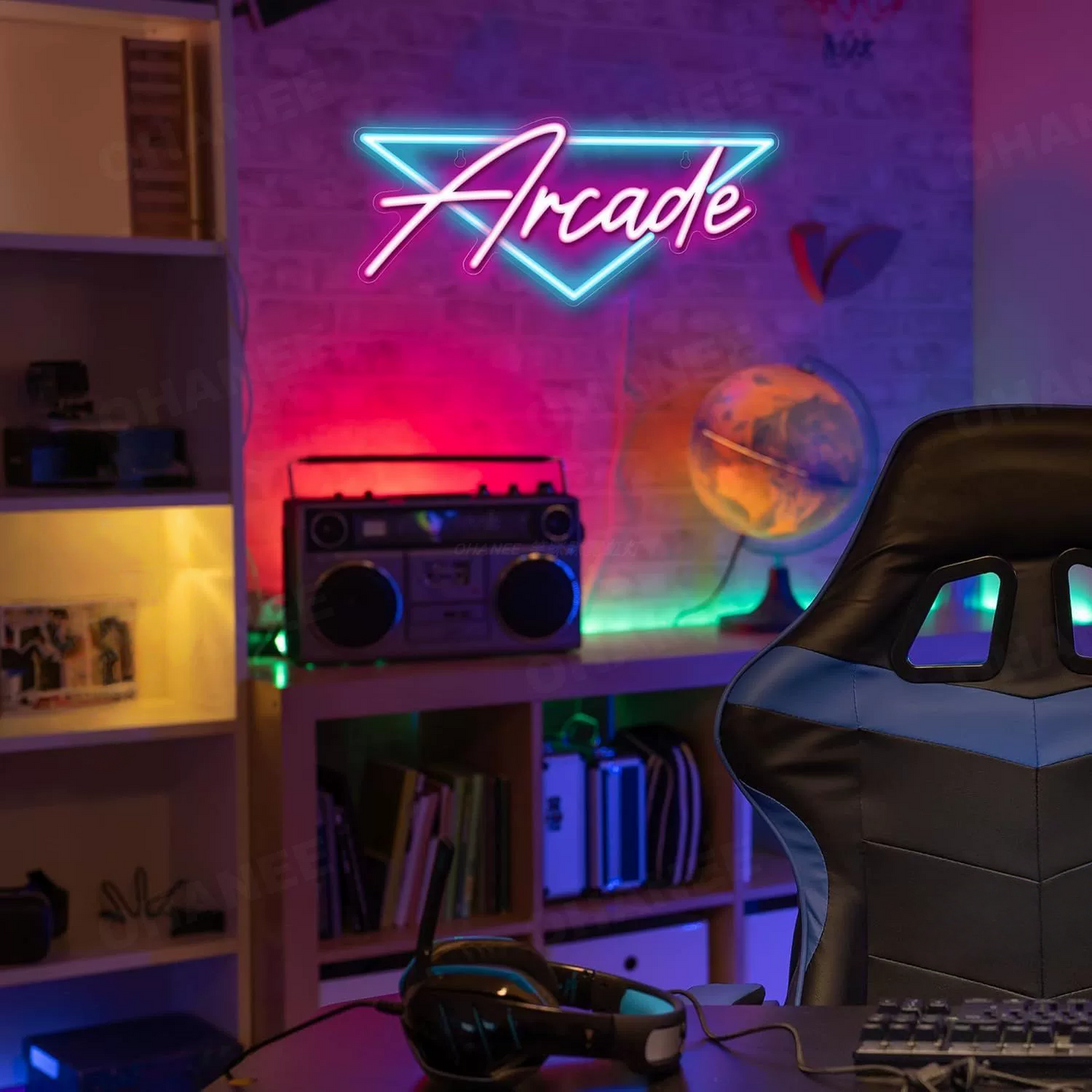 Arcade LED Neon Sign Pink Blue Triangle Neon Light Wall Decor for Game Room Bedroom