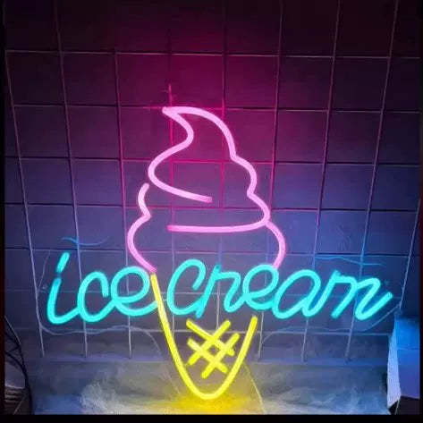 Ice Cream LED Neon Sign Pink Cone Blue Text Neon Light for Shop Wall Decor