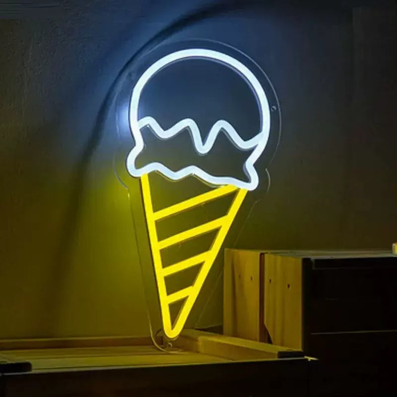 Ice Cream Cone LED Neon Sign White Scoop Yellow Cone Neon Light for Cafe Dessert Shop Wall Decor