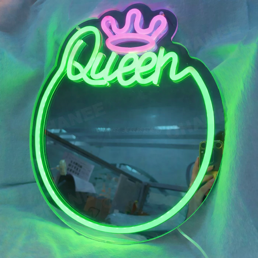 “Queen” LED Neon Mirror Sign for Vanity & Glam Room Decor