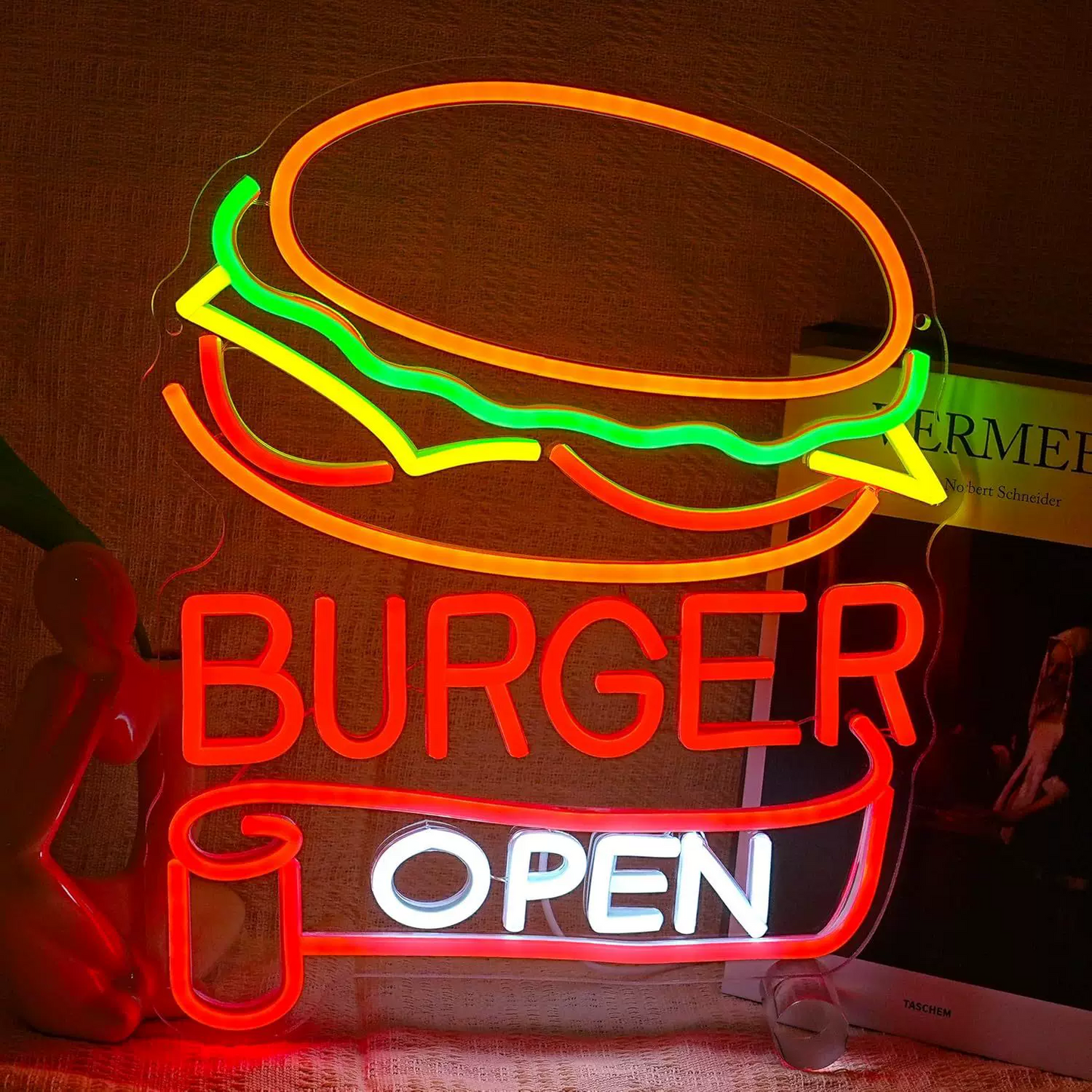 Burger Open LED Neon Sign Hamburger Neon Light Wall Decor for Restaurant Cafe Bar Shop