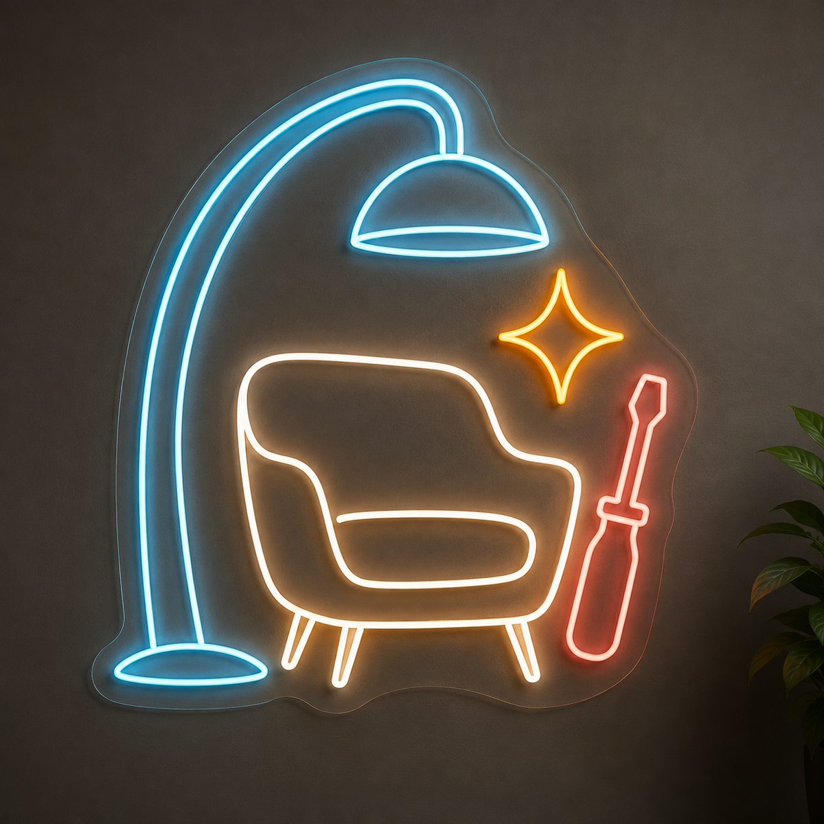 Armchair & Repair Tool LED Neon Sign for Furniture Repair Shops - design reference